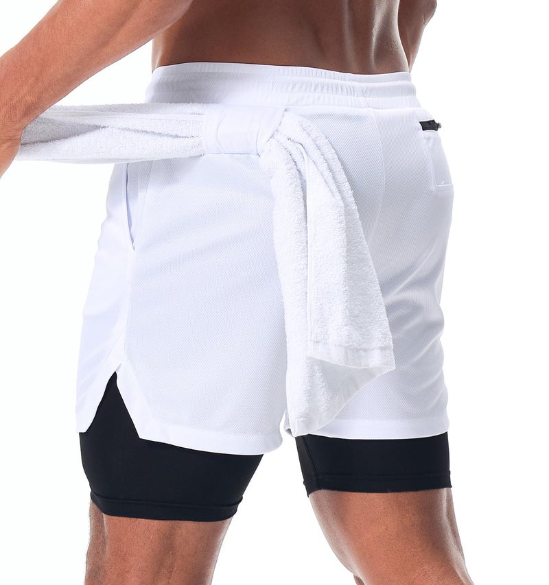 Surenow Men's Athletic Running Shorts Quick Dry Workout Shorts 2 in 1 Shorts 5" Gym Running Shorts for Men with Phone Pocket White - Image 2